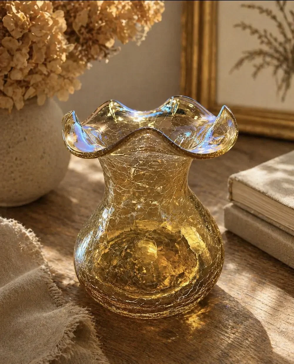 Vintage Hand Blown Amber Crackle Glass Vase Ruffled Rim MCM 4 1/2” Tall